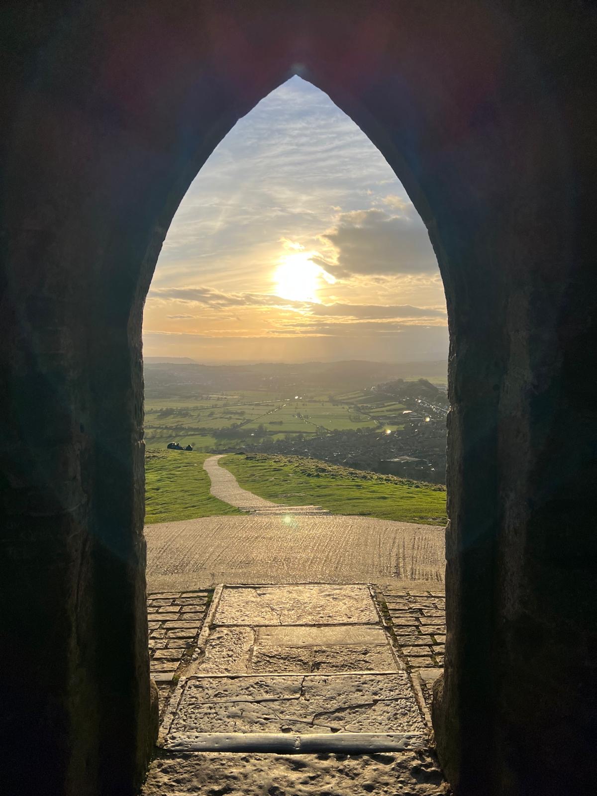 Looking through doorway at St Michael's Tower in Glastonbury
