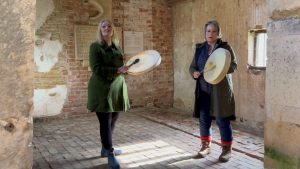 Kelly and Helen drum in Odda's Chapel which is connected to the Whiteleaved Oak song lines